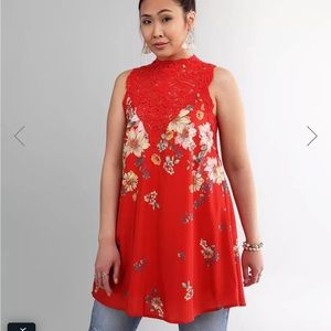 Buckle Miss Me Pieced Floral Tunic Tank Top Red Dres